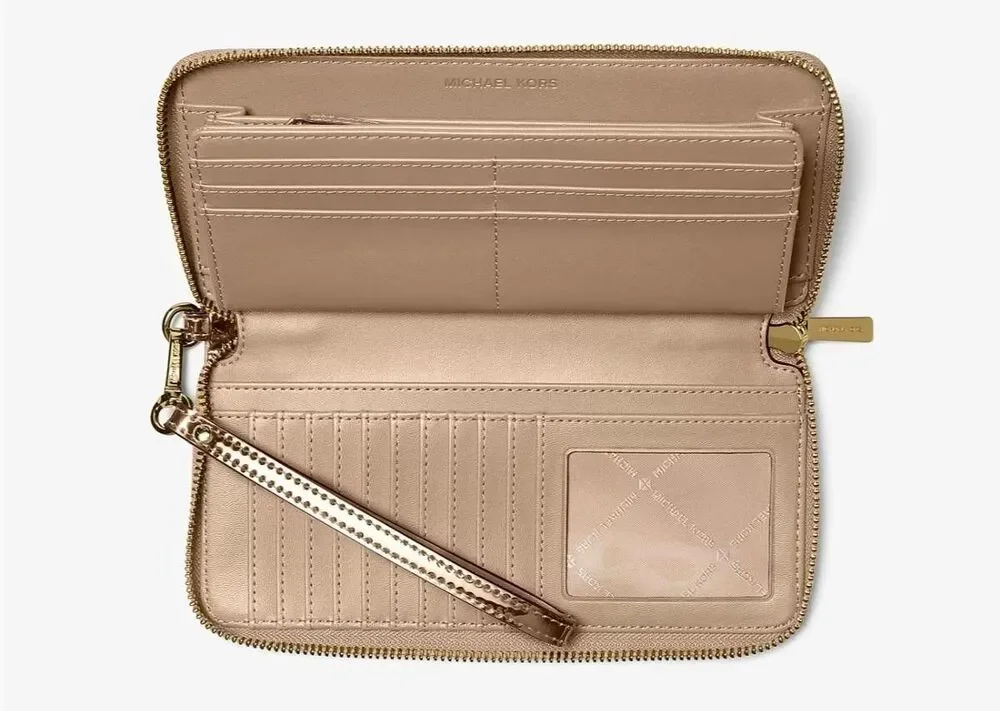 NWOT~MICHAEL KORS Jet Set Metallic Logo Debossed Continental Wallet in Pale Gold